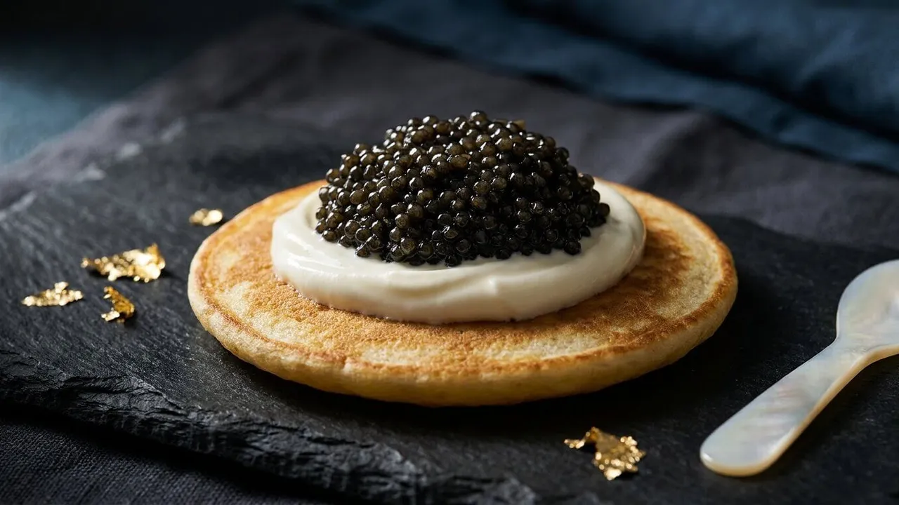 A blini topped with crème fraîche and a mound of black caviar, with a mother-of-pearl spoon