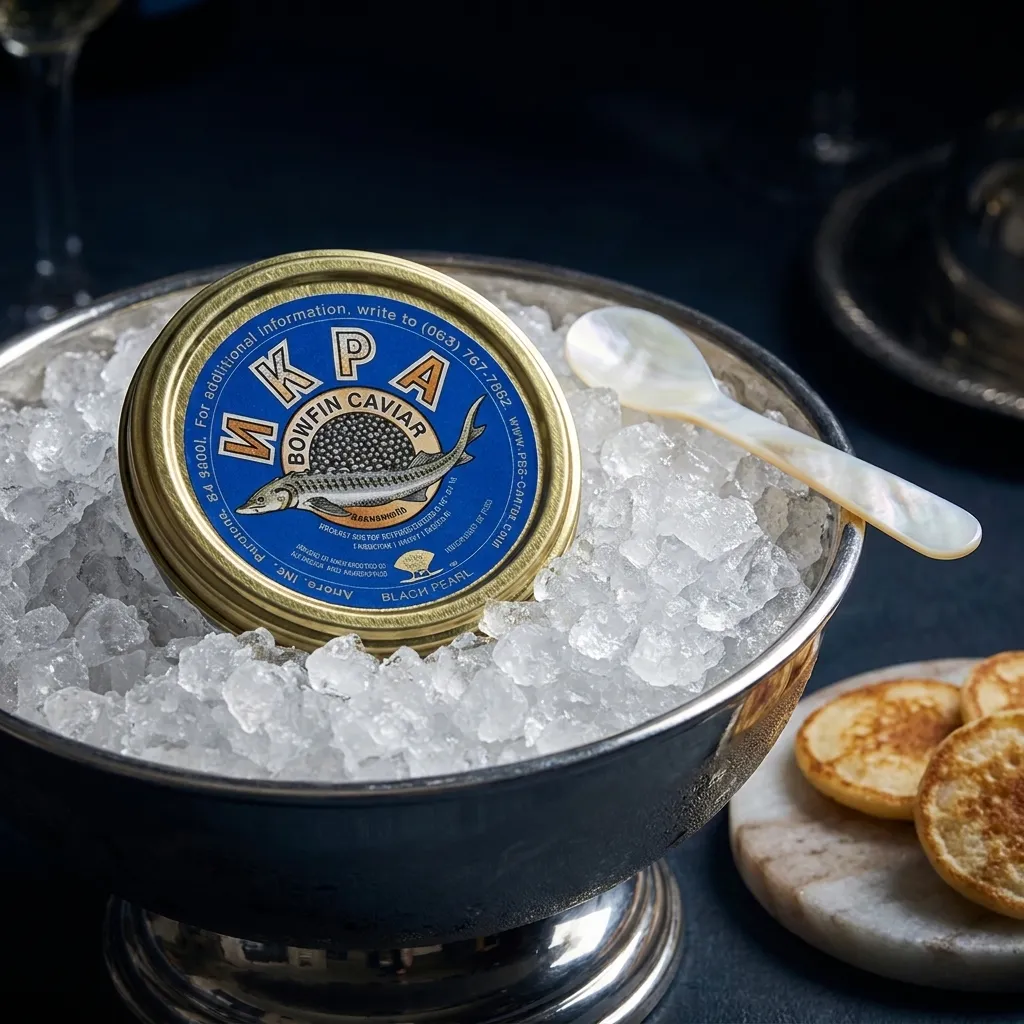 Bowfin caviar served, naturally true-black roe.