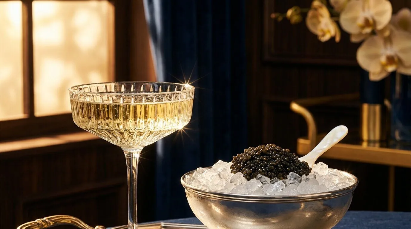 A crystal coupe of champagne beside a silver bowl of caviar on ice