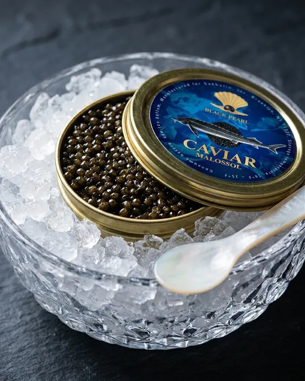 An open tin of dark caviar on crushed ice with a mother-of-pearl spoon.