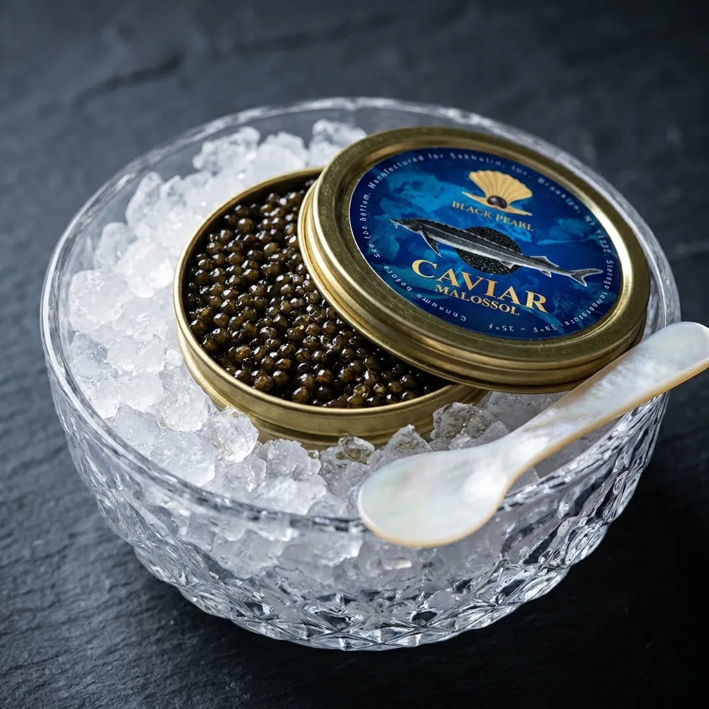 An open tin of black caviar resting on crushed ice with a mother-of-pearl spoon.