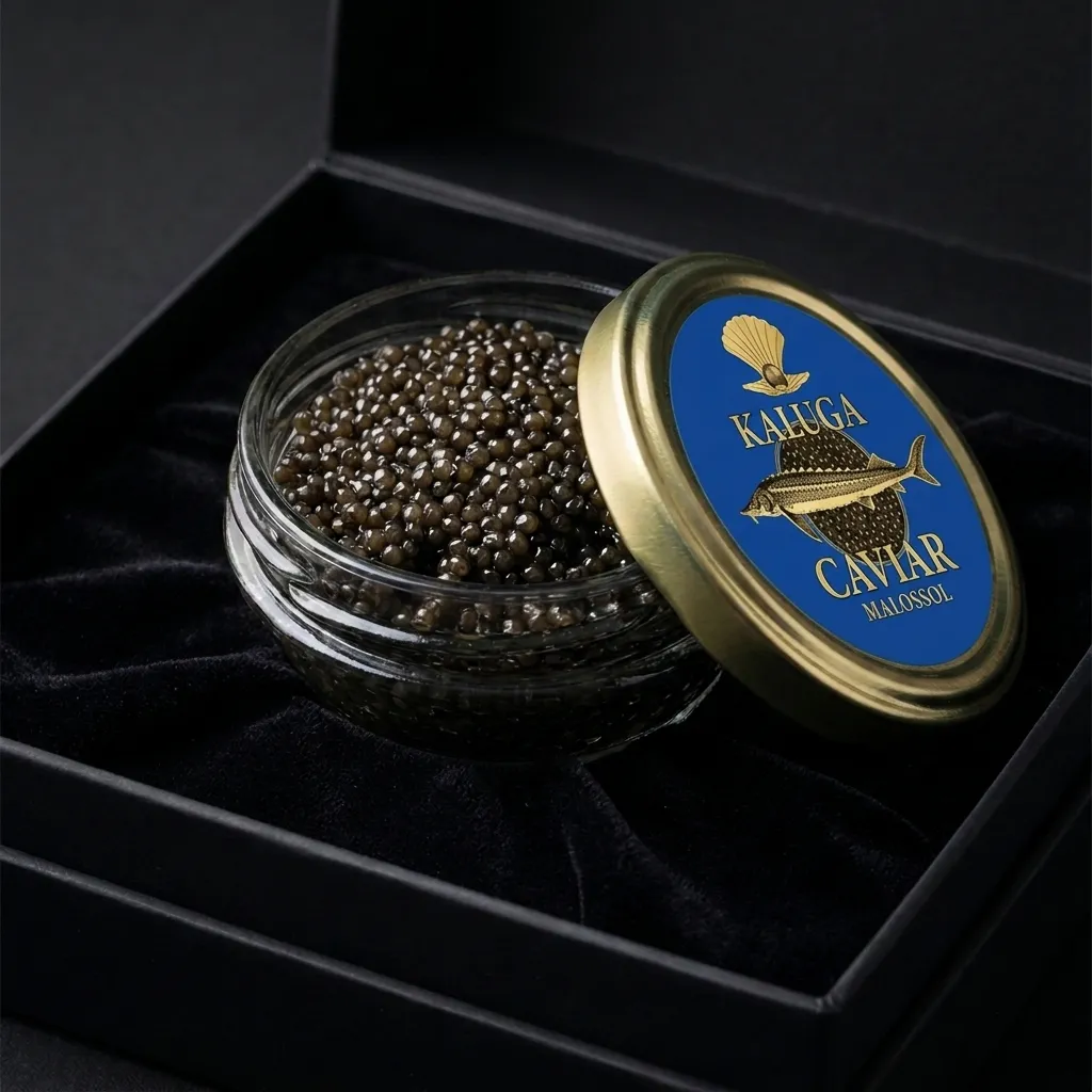 An open glass jar of Kaluga hybrid caviar beside its blue and gold Kaluga lid in a black presentation box.