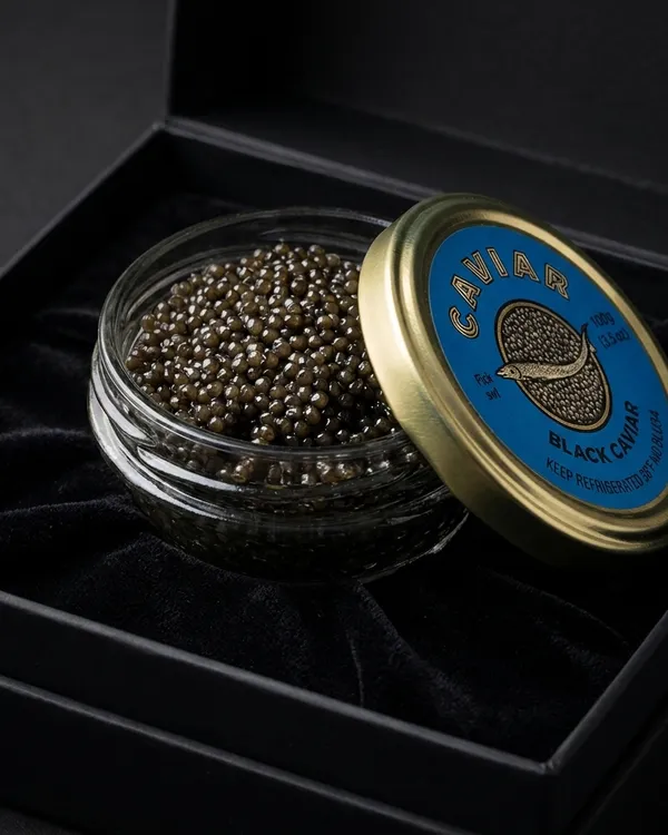A gold-lidded tin of Kaluga Hybrid caviar on dark slate.
