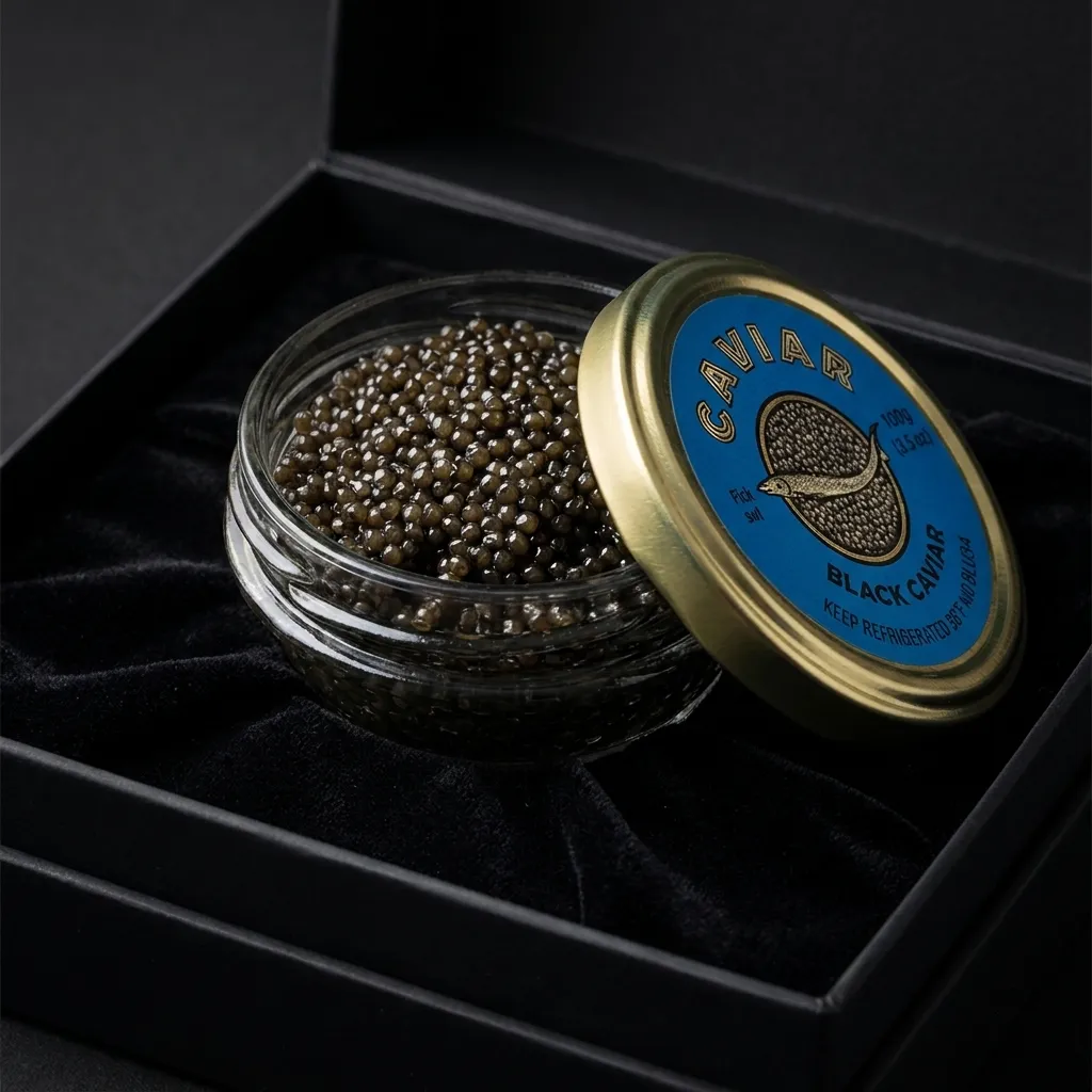 A gold-lidded 250 g tin of Kaluga Hybrid caviar on dark slate.