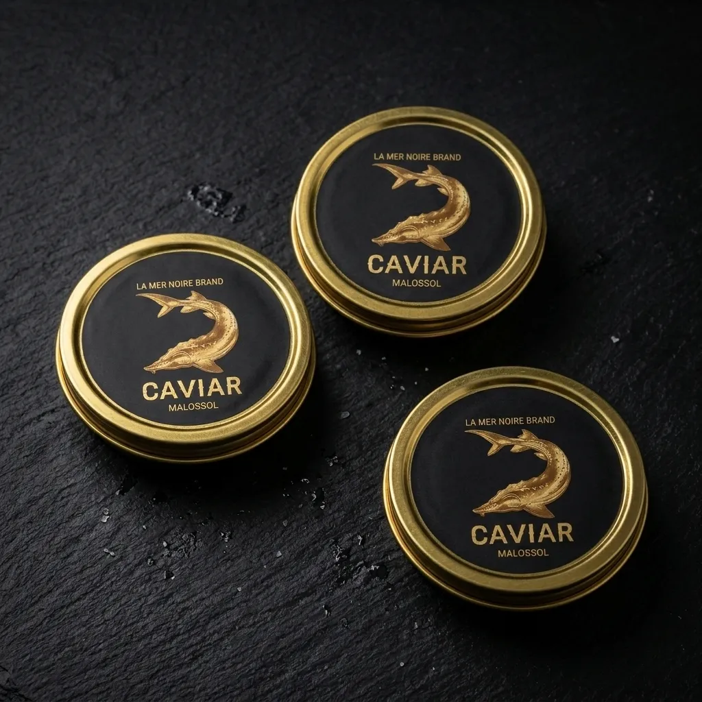 Three gold and black La Mer Noire 30 g tins of Ossetra caviar on dark slate.