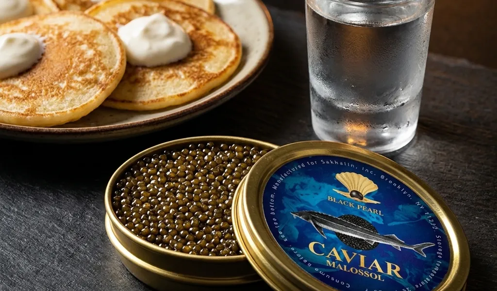 An open tin of caviar with blini and crème fraîche