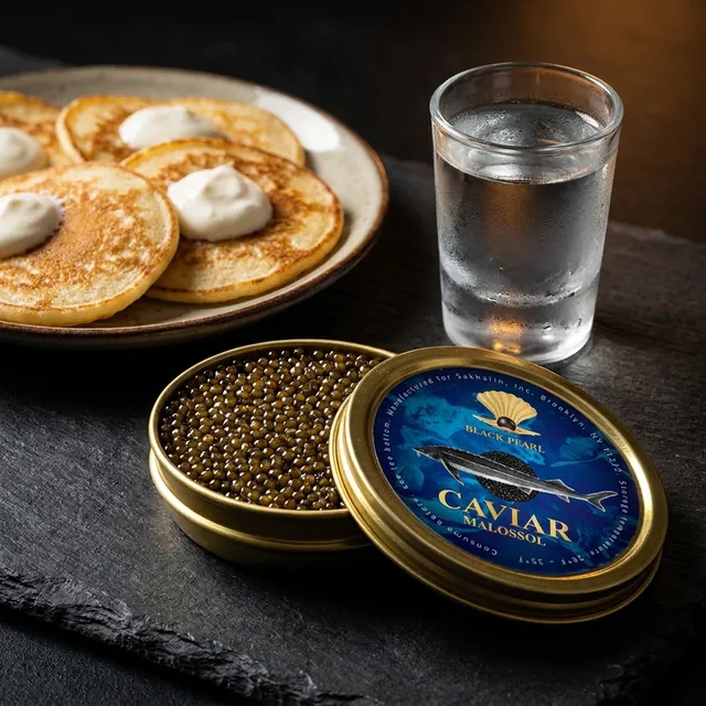 An open jar of pasteurized Ossetra caviar with blini and crème fraîche.