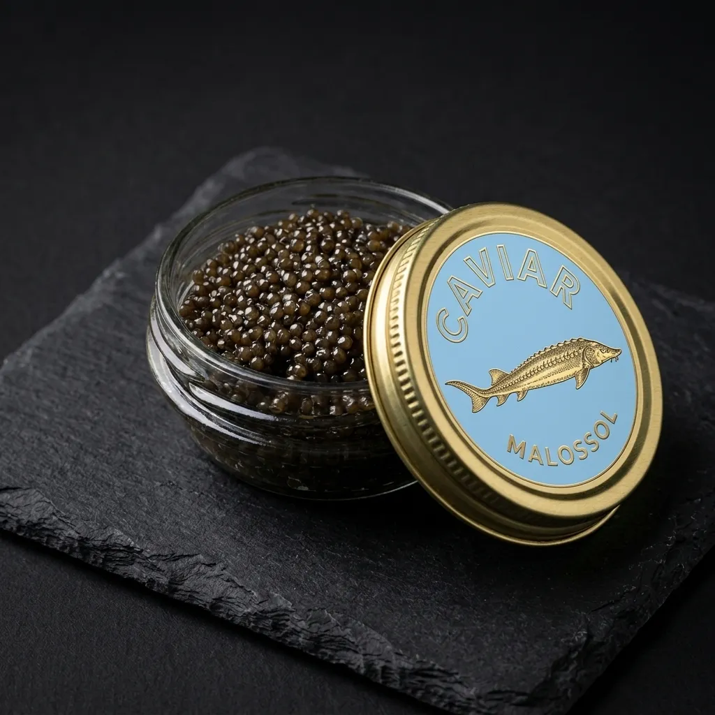 An open glass jar of Ossetra caviar with its light blue and gold lid on a dark slate board.