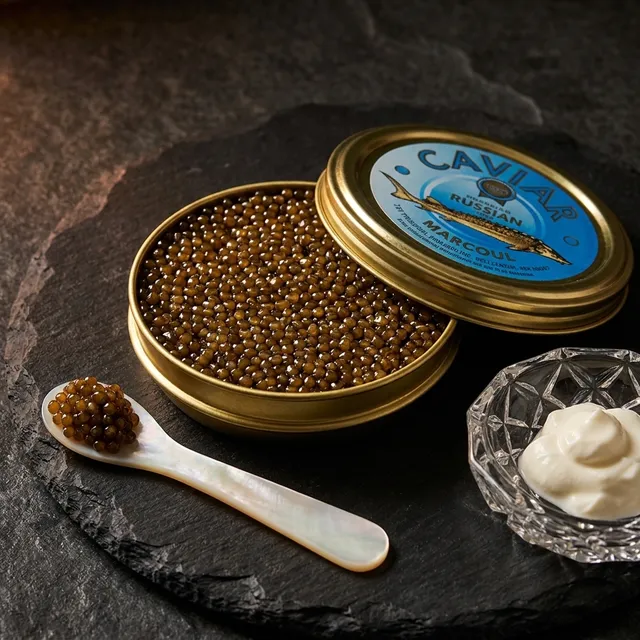 An open tin of Ossetra caviar with amber-to-charcoal pearls, a mother-of-pearl spoon and crème fraîche on dark slate.
