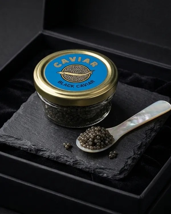 A closed glass jar of paddlefish caviar on dark slate with a mother-of-pearl spoon of caviar.