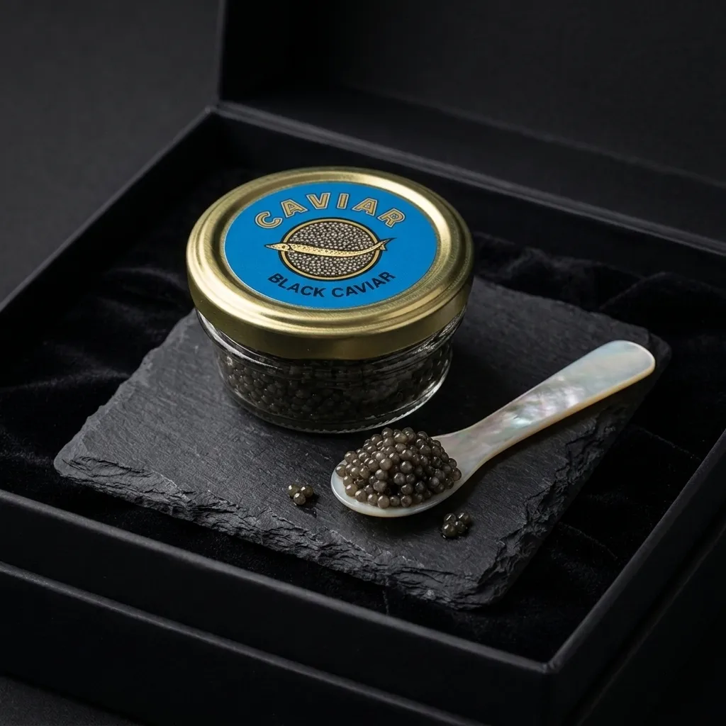 A closed glass jar of paddlefish caviar on dark slate with a mother-of-pearl spoon of caviar.